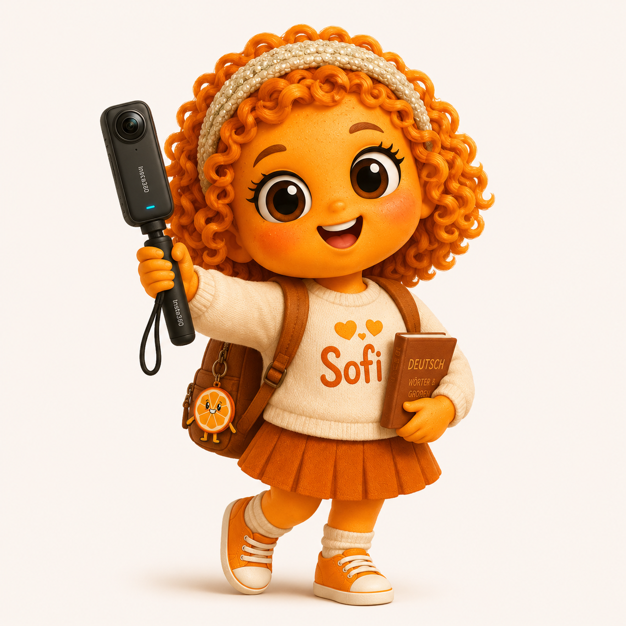 Illustration of Sofi holding a camera and a German vocabulary book